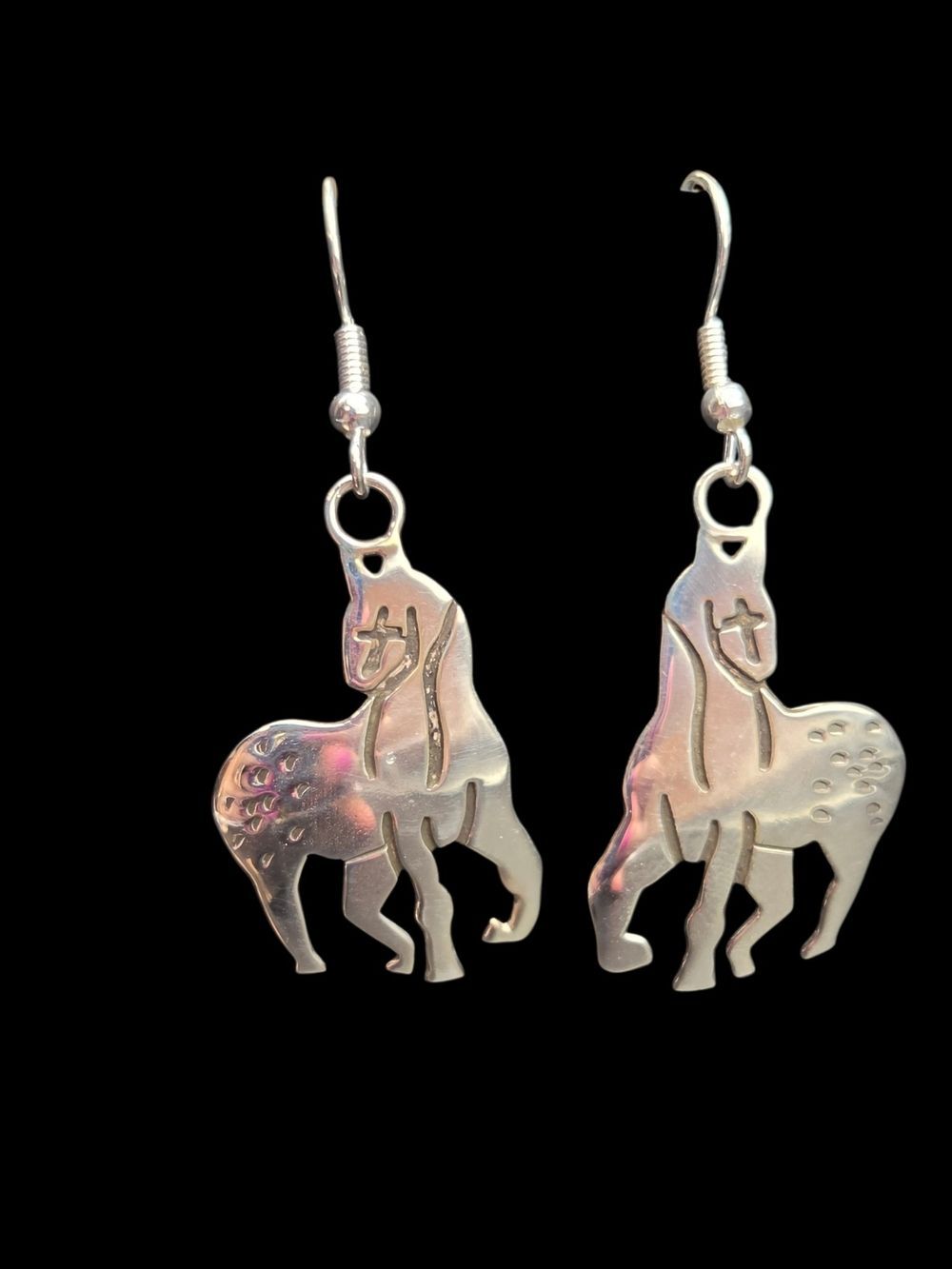 Sterling Silver Spotted Horse Dangle Earrings, Etched Detail